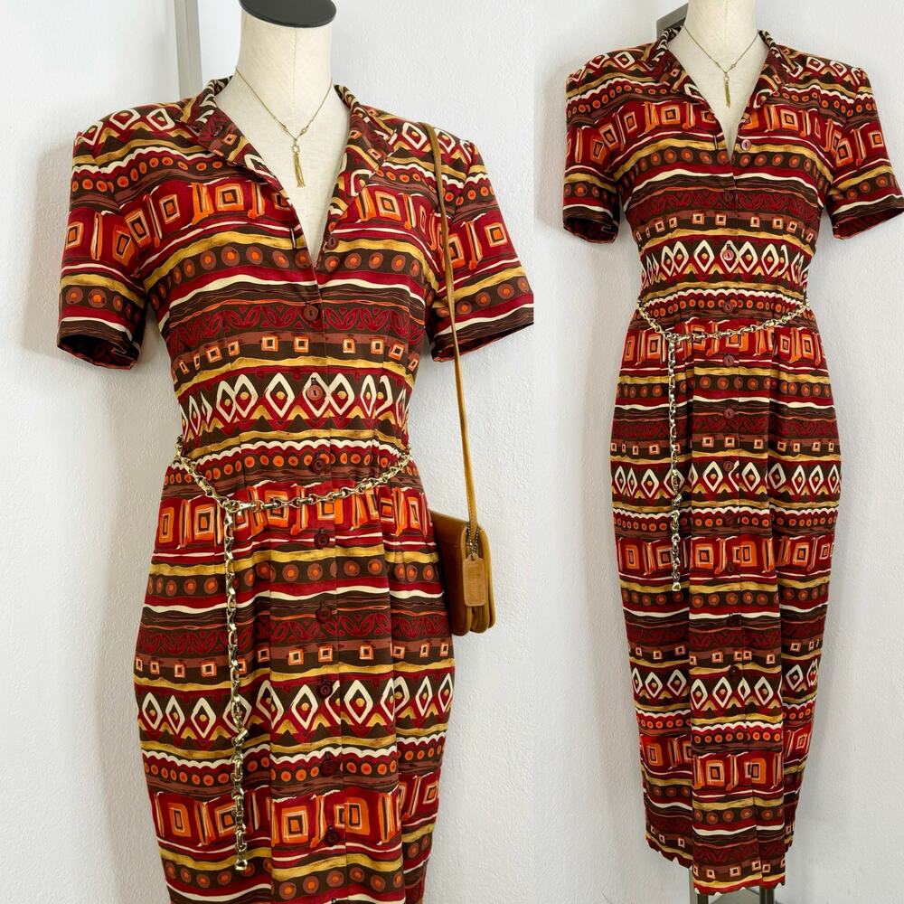 Vintage 80s 90s Short Sleeve Maxi/Midi Collared Button Front Printed Dress SZ 10